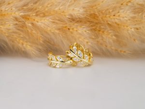 Gold Leaf Hoop Earrings, 18K Yellow Gold Plated Sterling Silver CZ leaves Huggies, Gift for Her